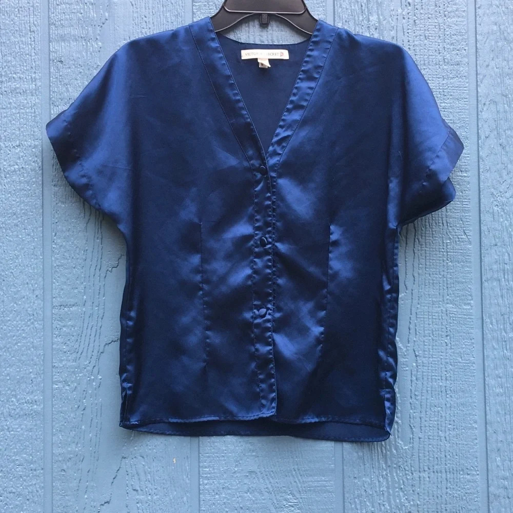 Victoria’s Secret VS Vintage Satin Button Down Pajamas Blouse Top Shirt Blue 90s